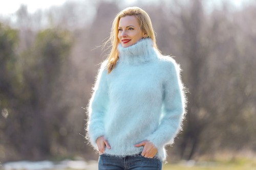 SUPERTANYA blue green fuzzy sweater soft mohair top light blouse handknit jumper - Picture 6 of 7