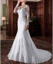 O-Neck Mermaid Wedding Dress Illusion Back Long Sleeve Bead Applique Bridal Gown