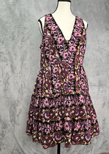 Anthropologie Womens Sz 14 Deep V-Neck Fully Floral Embroidered Mini Dress