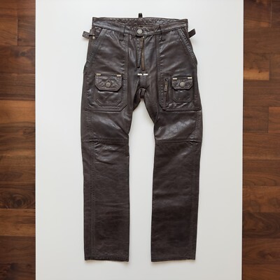 F/W 2005 Dsquared² Leather Biker Pants Brown Cowhide Size 44 Made