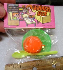 vintage 1960 kids dime store toy, Dinner set, Dish, Cup & spoon, retro art work