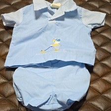 Vintage 70s Nannette Baby Blue Embroidered Shirt  Bloomers Set 0-3M
