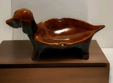 Vintage Ashtray Dachshund Brown Glazed Ceramic MCM. 