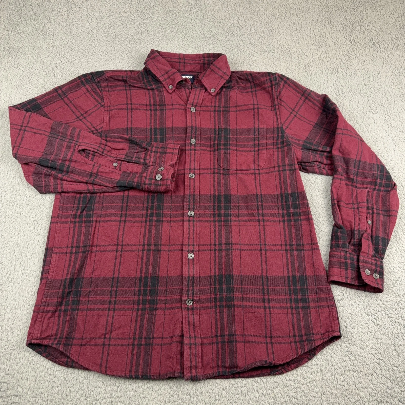 Lands' End Men's L Traditional Fit Red Black Plaid Flannel Button Down Shirt