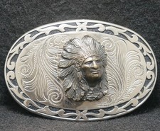XA03149 VINTAGE 1970s NATIVE AMERICAN CHIEF W/ FULL HEADDRESS BELT BUCKLE