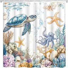 Sea Turtle Octopus Shower Curtain Nautical Ocean, 70" W X 70" L Funny Sea Anim