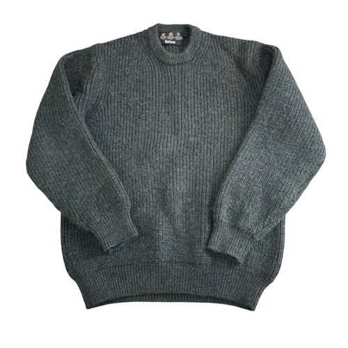 Barbour Tyne Crew Neck Sweater 100% Wool Fishermans Chunky Green Mens Large