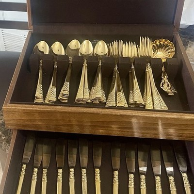 Gold Plated 24-Piece Flatware Set Basketweave Tarnish Resistant with Case