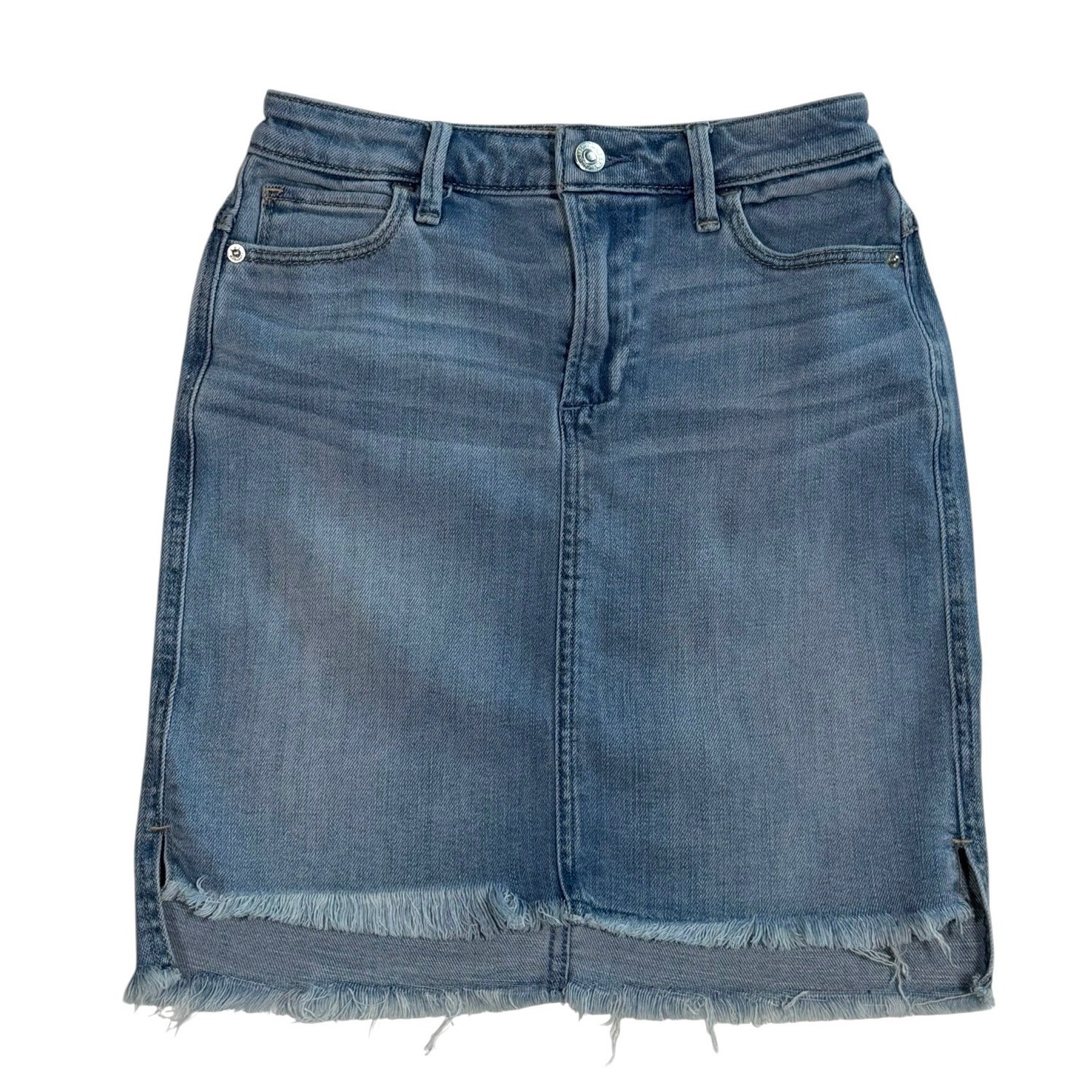 Abercrombie & Fitch Womens Medium Wash Denim Mini Skirt Raw Hem High Low Size 25