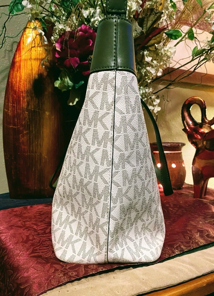 Michael Kors Tote Handbag Large Lime Green Stripe Monogram Shoulder Purse - Image 4 of 4