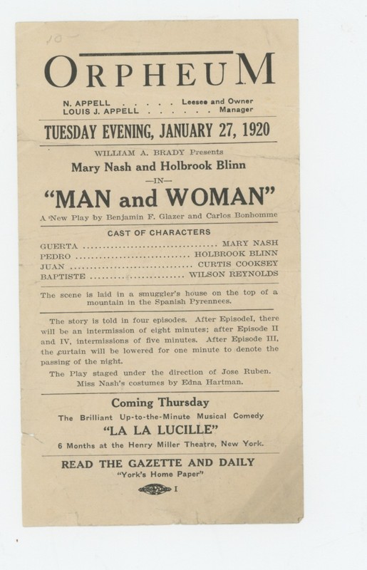 Mr Fancy Cancel Orpheum Theatre Mary Nash Hobrook Blinn Man & Woman '20 Prog #40