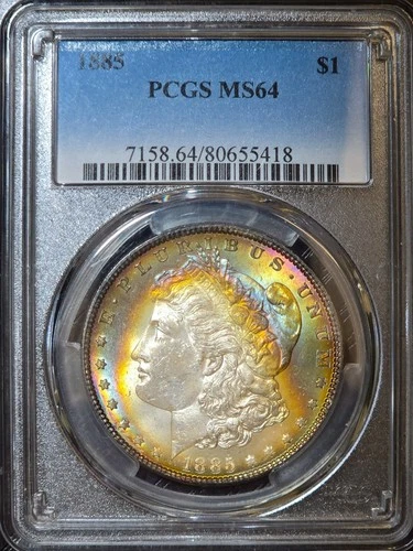 1885 Morgan Silver Dollar PCGS MS64 Rainbow Toned Coin Nice Colors and Luster $1