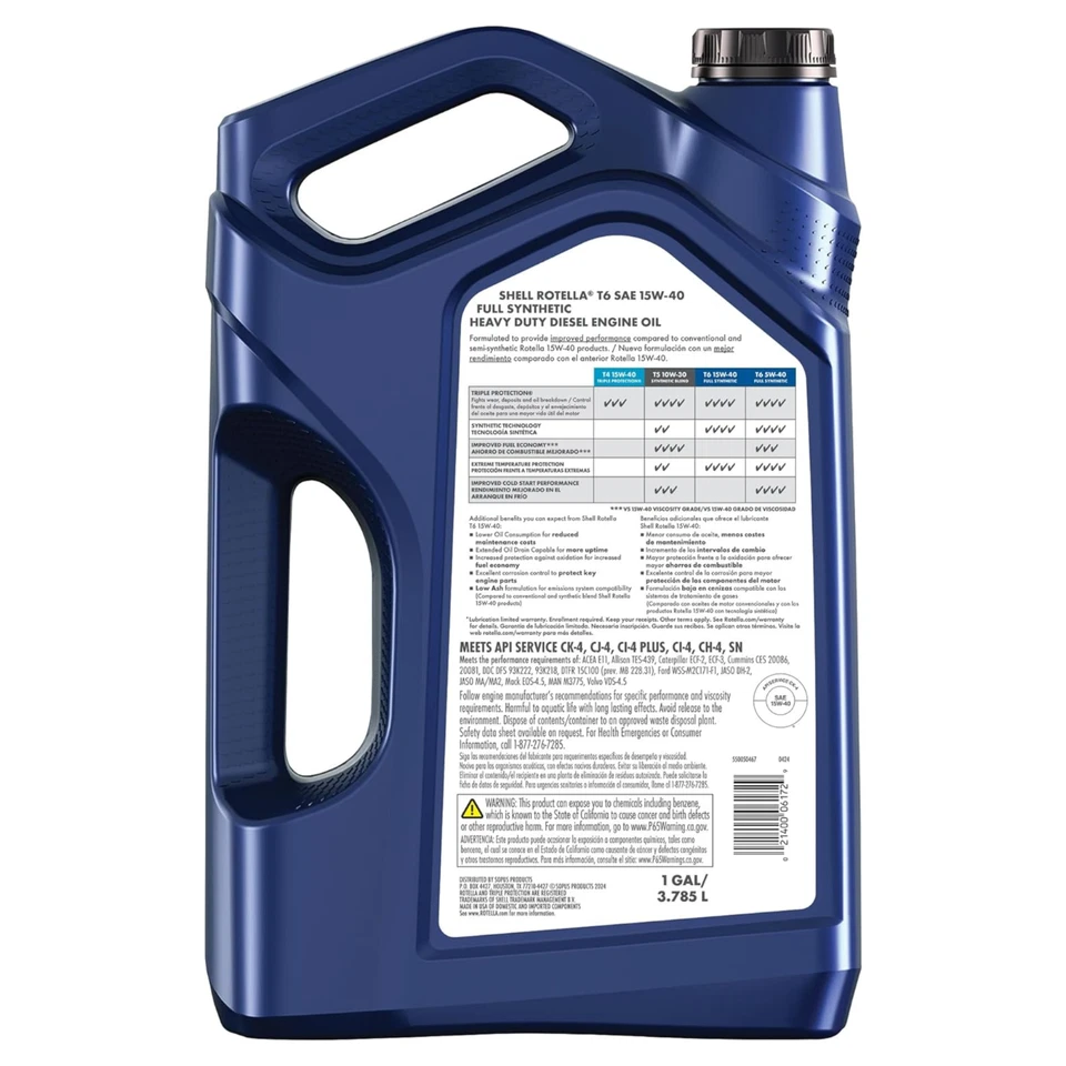 Aceite de motor sintético completo Shell Rotella T6 15W-40 1 galón x3 - Envío gratuito Foto 2 de 4