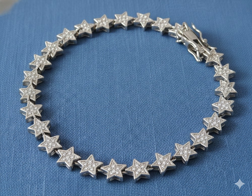 8CT Diamond Lab Created Star Tennis Link Bracelate & 14k Gold Plated Earrings