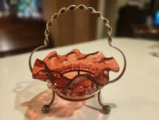 Antique Cranberry Vaseline Uranium Glass Salt Cellar With Metal Holder 5"