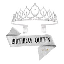 GSHLLO Glitter Birthday Queen Sash Rhinestone Crown Women Happy Silver