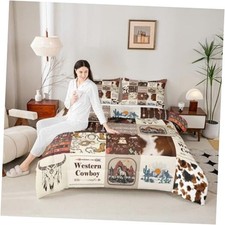 Western Bedding Set Size Brown Cow Fur Patchwork Grid Comforter Queen Color 02