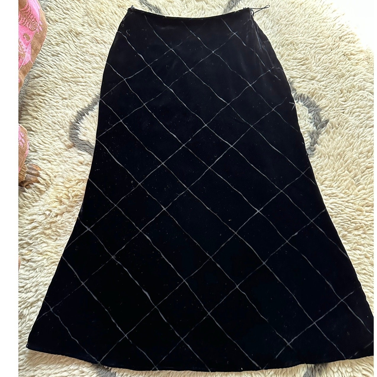 Vtg 90s Jones NY black velvet Silk Skirt checkered rayon glam party lined full 3
