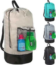 Laundry Bag Backpack with Shoulder Strap Mesh Pocket Portable Hamper Large Khaki