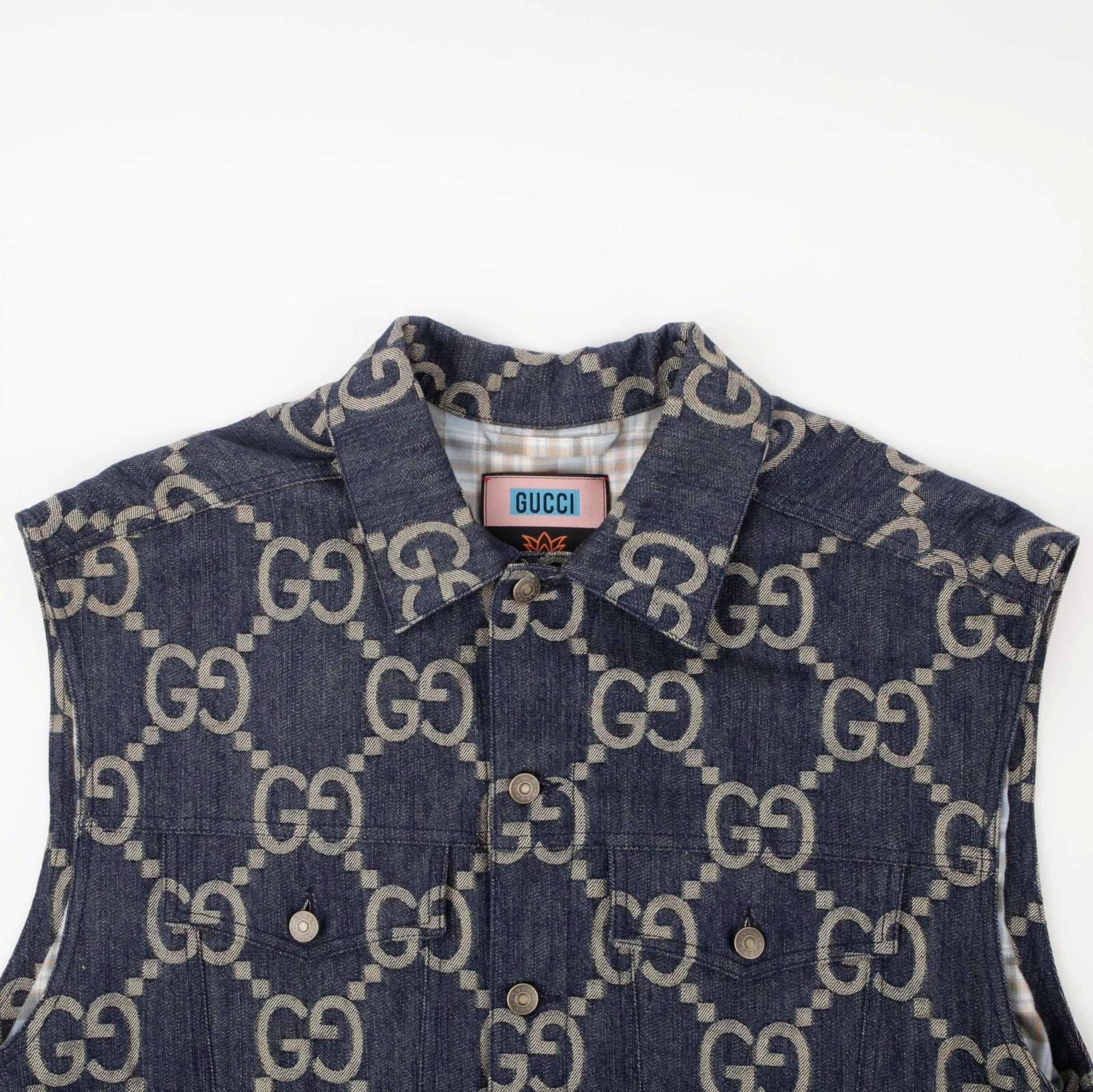 Gilet Gucci blu avorio Jumbo GG jacquard denim ananas 674339 49280772