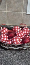 Set of (14) Red / White Plaid Fabric RAG BALLS Bowl Filler Christmas Ornaments 