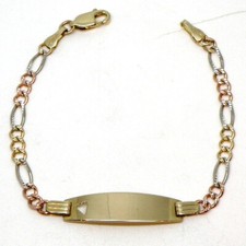 14k Tri-Color Gold Figaro Link ID Bracelet with Cut Out Heart