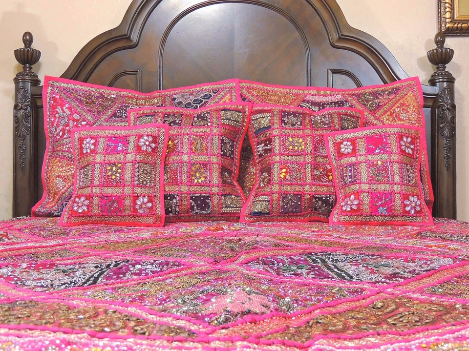 Magenta Kundan India Style Beaded Bedding Sari Luxury Duvet Pillow Shams King - Image 2 of 4