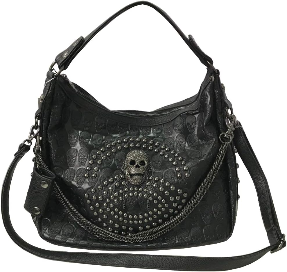 Gothic Studded Skull Chain Shoulder Bag for Women Large Capacity