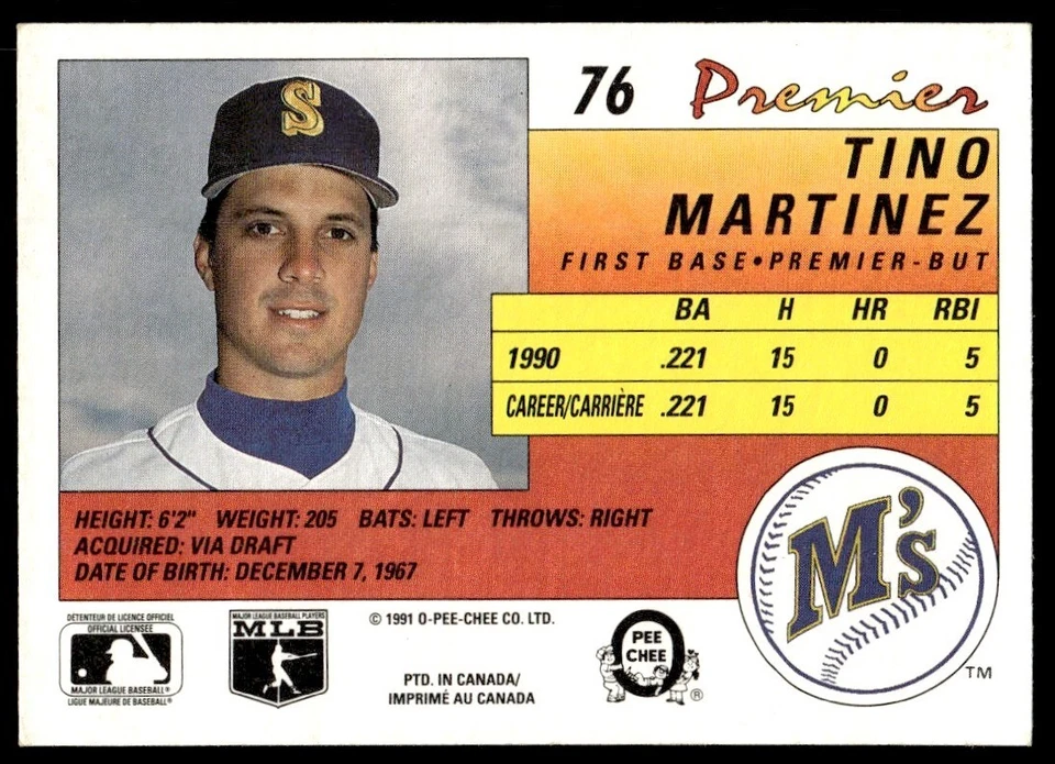 1991 O-Pee-Chee Premier Tino Martinez Seattle Mariners #76 - Image 2 of 2