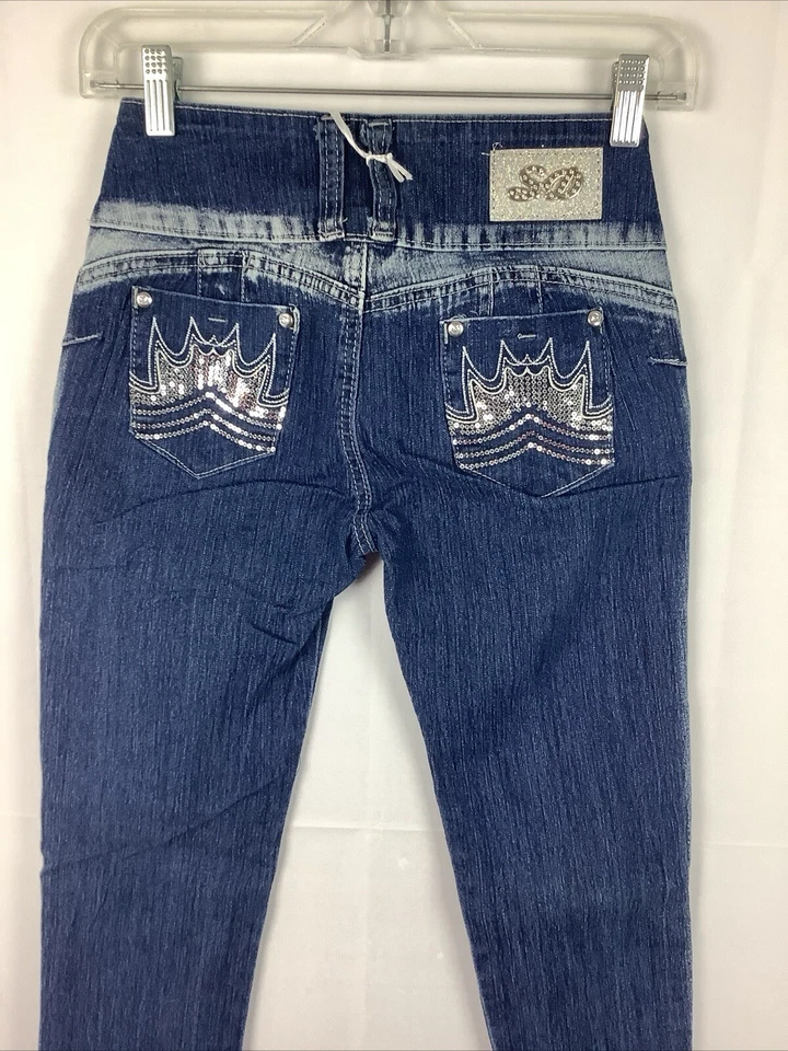 Pantalones de mezclilla Levanta Cola plateados para mujer elásticos push-up estilo colombiano, talla 3 Foto 2 de 4
