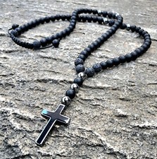 Collana di perle da uomo nere onice pietra lavica croce ematite catena a croc...