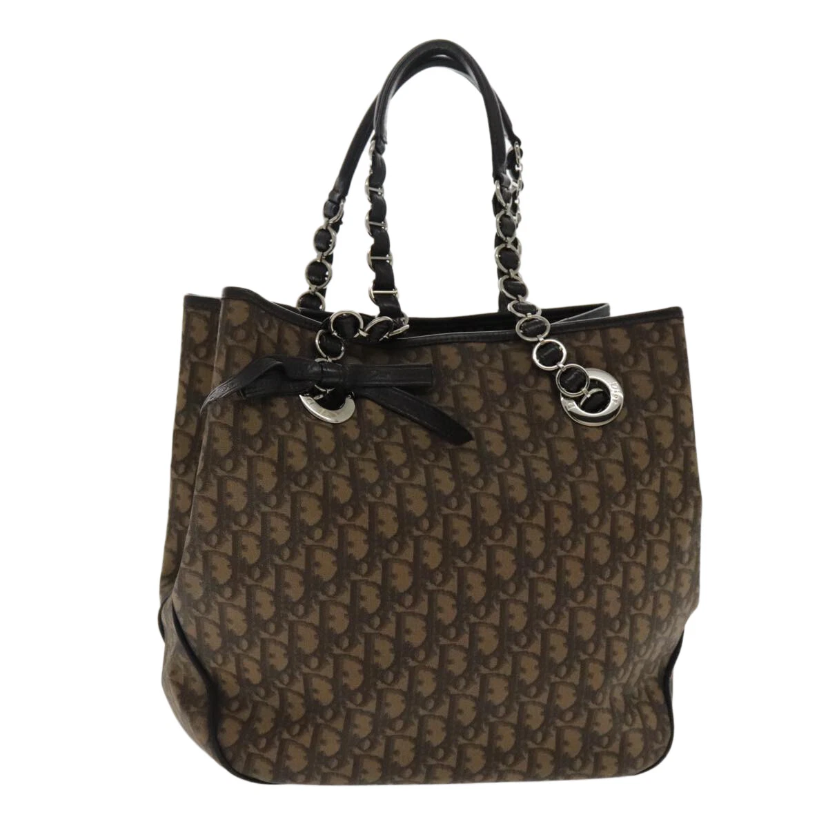 Sac fourre tout romantique Christian Dior Trotter PVC cuir marron argent authentique 94254