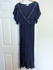 Altar'd state Blue Maxi Dress Embroidered in Gold V-Neck Ruffle Sleeves Size M