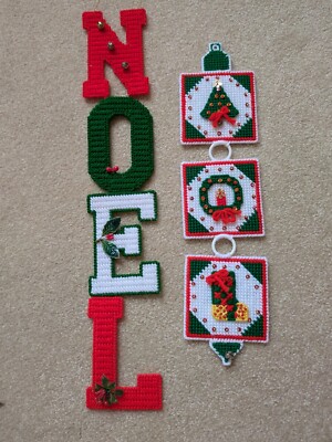VTG MID CENTURY MODERN PLASTIC CANVAS YARN ART ''NOEL AND ''JOY'' FESTIVE KITSCHY