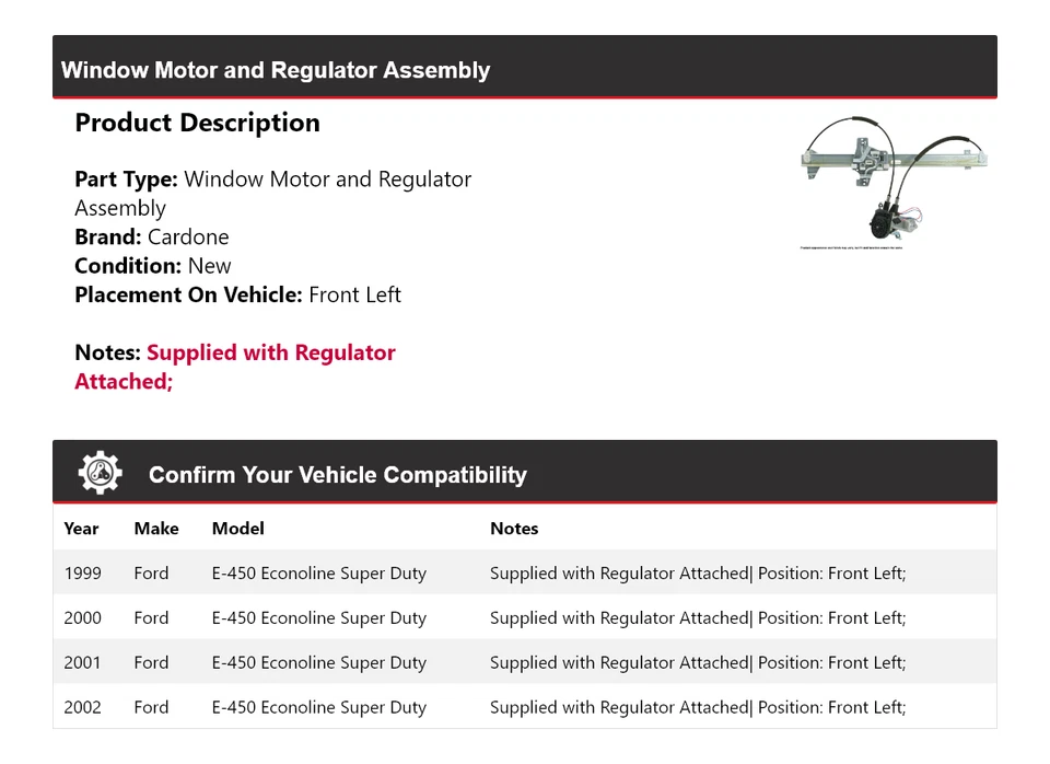 Motor/regulador de ventana Cardone para Ford E-450 Econoline Super Duty 1999-2002 Foto 2 de 4
