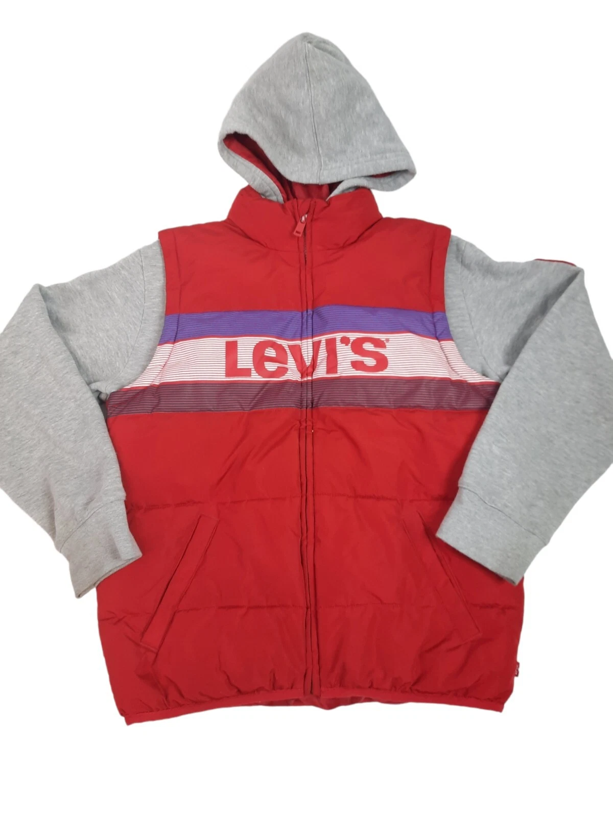 Levi's 2fer Puffer Jacket Hooded Red & Gray Size Large Boys