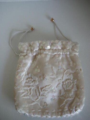 Beaded Sequin Drawstring Purse Ivory Hong Kong Wedding Prom Evening 7 x 6 in.