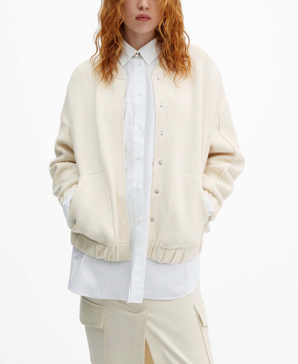 Mango Womens Knitted Pockets Bomber Jacket Ecru, Size XS