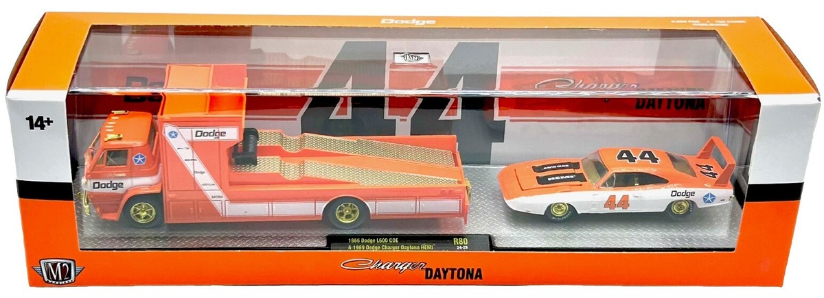 M2 MACHINES CHASE 68 DODGE L600 COE RAMP TRUCK & 69 DODGE CHARGER