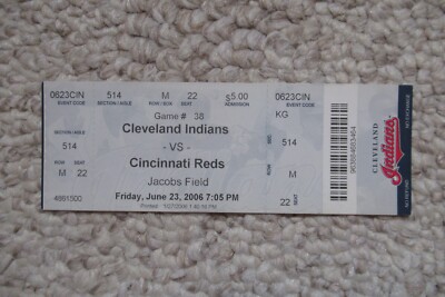 INDIANS VS REDS 6/23/2006 FULL TICKET ~ AARON HARANG (2ND CAREER SHUTOUT)