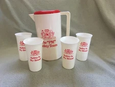 Philip Morris Safety Team Plastic Pitcher and 4 Plastic Glasses White w/Red Art