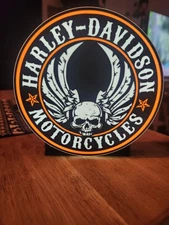 Harley Davidson Skull LED Light Sign – 9” Round USB Powered Lamp for Garage Man 