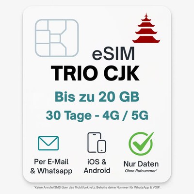 Südkorea China Japan eSIM TRIO Datentarif digitale e SIM - per Mail- ohne Tel...