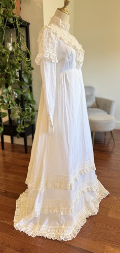 Gr. 10 Vintage Spitze viktorianisch Prärie Brautkleid elfenbeinfarben hochgeschlossen Langarm - Bild 3 von 15