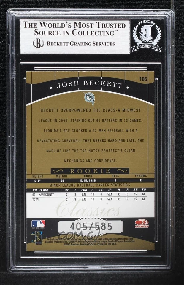 BAS 2001 Donruss Classics Rookie /585 Josh Beckett #105 BGS Authentic Auto - Image 2 of 2