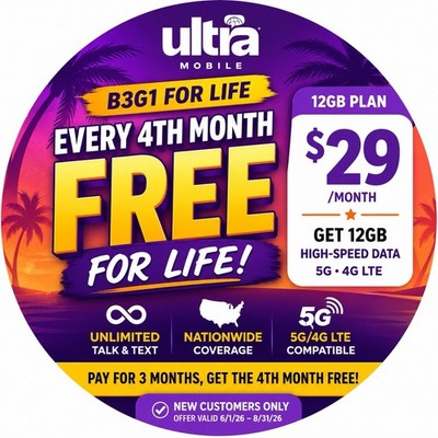 Ultra Mobile Prepaid $29 ( 3 Months ) 12 GB 1 Month Plan With Sim Card Or Esim