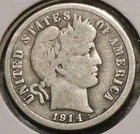 Silver Dime - Barber - 1914 (Partial Liberty.  Long scratch across head.)