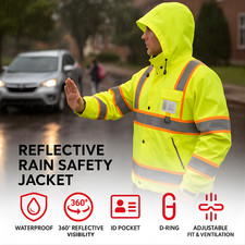 Reflective Rain Jacket Mens Hi Vis Waterproof Safety Coat Class 3 Work Gear Hood