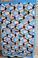 Vintage Grandmother's Fan Handstitch Patchwork Quilt Floral Scrap Crazy 82x63