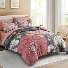 Floral Queen Size Comforter Set Grey Pink 7 Pieces Bed in a Bag Botanical Patter